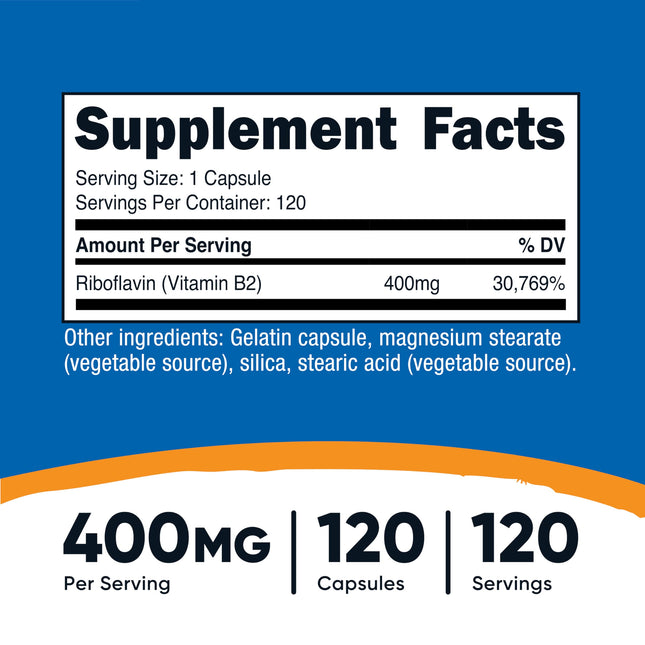 Nutricost Vitamin B2 (Riboflavin) 400mg, 120 Capsules - Gluten Free, Non-GMO, Energy Boost, Premium Quality