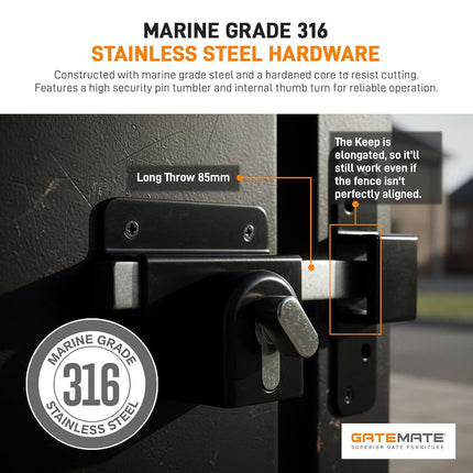 GateMate 1490106 Long Throw Lock with Thumb Turn, Heavy Duty Stainless Steel in Black Finish, Stylish Gate Lock, Secure Lock for Home Main Gates, Sheds and Garage Doors - up to 2" Thick