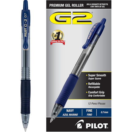 Pilot G2 Retractable Premium Gel Ink Roller Ball Pens, Fine Point, Navy Blue Ink, Dozen Box (31187)