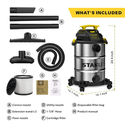 Stanley Wet/Dry Hanging Vacuum, 4.5 Gallon, 4 Horsepower, Stainless Steel Tank