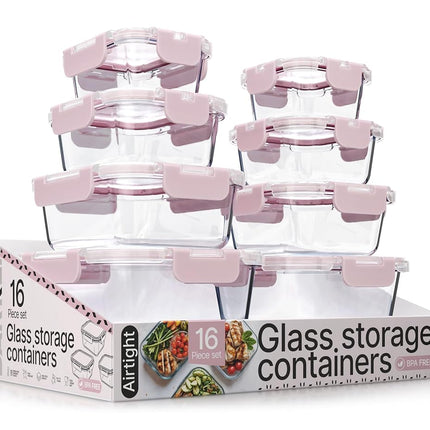 Récipients de conservation alimentaire en verre borosilicaté rose avec couvercles, 16 pièces, de qualité alimentaire, sans BPA, empilables, pour déjeuner et restes, compatibles micro-ondes, congélateur et lave-vaisselle, hermétiques et étanches