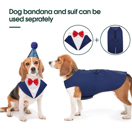 Kuoser Dog Tuxedo Dog Suit and Bandana Set, Dogs Tuxedo Wedding Party Suit, Doggy Prince Bow Tie Shirt Formal Pet Wedding Attire for Large Medium and Small Dogs Golden Retriever Samo Bulldogs