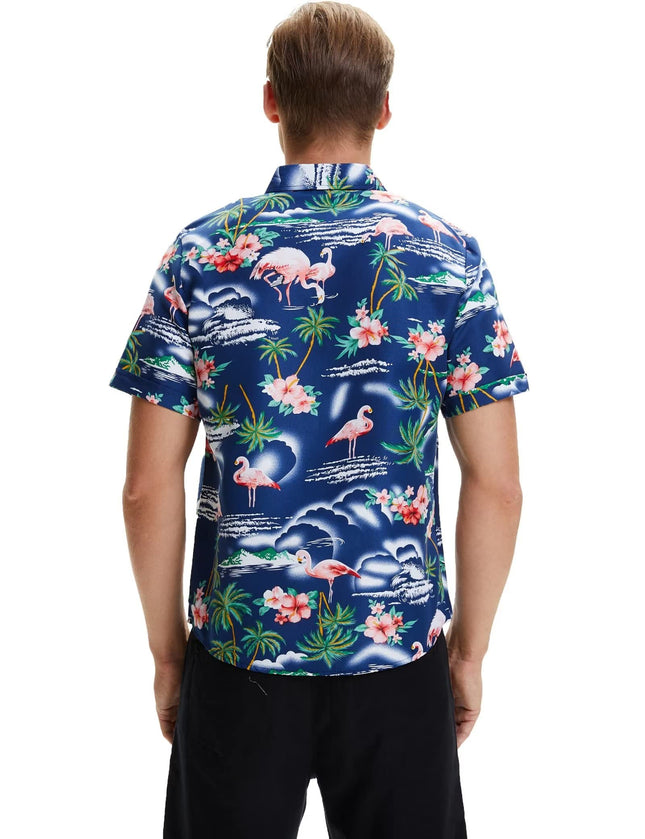 SSLR chemise hawaïenne décontractée pour homme à motif flamants roses et fleurs - Bleu - Taille L