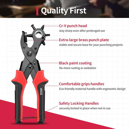 XOOL Leather Hole Punch Plier, Heavy Duty Rotatable Belt Hole Puncher with 6 Different Sizes Used for Belt, Watch Belt, Belt, Shoes, Purses, Clothes, Cardboard, Paper, Hard PVC, etc