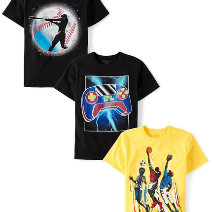 The Children's Place Boys' Sports Short Sleeve Graphic T-Shirts, Multipack, Baseball/Sports Player/Controller 3-Pack, X-Small