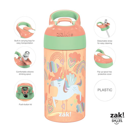 Zak Designs Kids Water Bottle with Spout Cover and Built-in Carrying Loop, Made of Durable Plastic, Leak-Proof Water Bottle Design for Travel (16 oz, Unicorn & Dino Camo, Pack of 2)