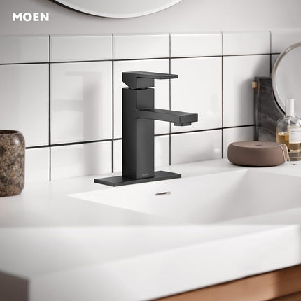 Moen Revyl Matte Black One-Handle Single Hole Modern Bathroom Sink Faucet with Optional Deckplate and Spring Loaded Drain Assembly, 84771BL