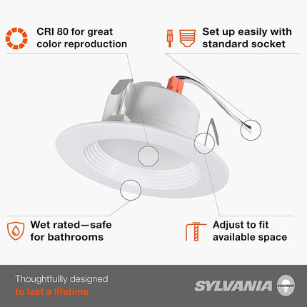 Sylvania 4� LED Recessed Lighting Downlight with Trim, Dimmable, 7.5W=65W, 600 Lumens, White 3000K, Wet Rated/UL/Energy Star - 4 Pack (62022)