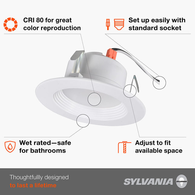 Sylvania 4� LED Recessed Lighting Downlight with Trim, Dimmable, 7.5W=65W, 600 Lumens, White 3000K, Wet Rated/UL/Energy Star - 4 Pack (62022)