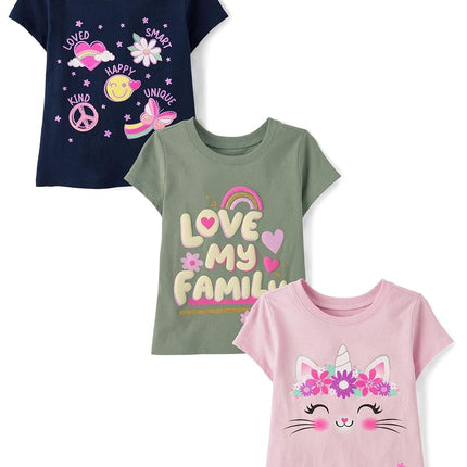 The Children's Place T-shirts à manches courtes à motifs assortis pour bébés filles et tout-petits, paquets multiples, tortue/dinosaure/le soleil à papa, 4T