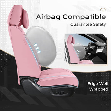 Coverado Seat Covers Full Set, 5 Seats Seat Covers for Cars, Waterproof Nappa Leather Car Seat Covers with Head Pillow, Seat Protectors Car Seat Cushion Universal Fit for Most Cars (Pink)