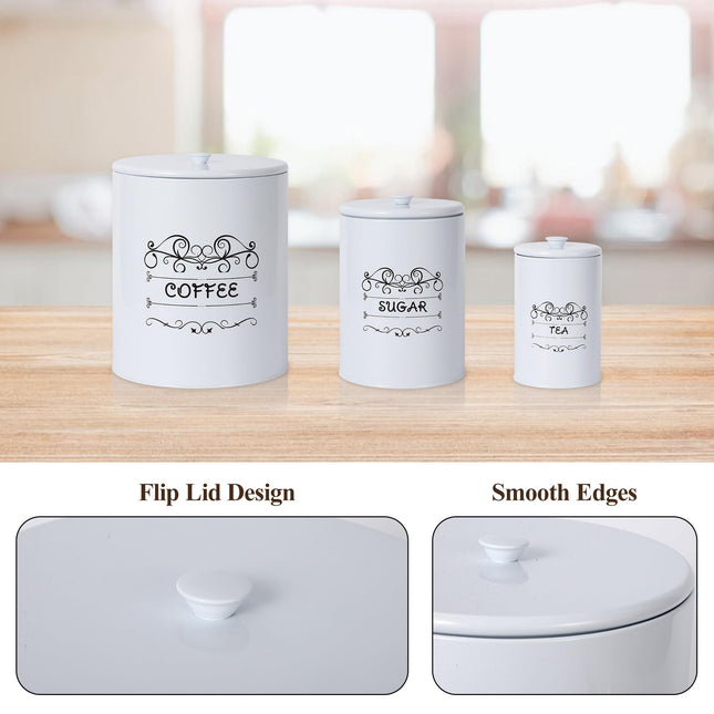 ChicHabitat Juego de 3 botes de cocina, recipientes de almacenamiento de alimentos para encimera, botes grandes herméticos para café, azúcar y té con tapas, decoración de granja blanca