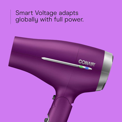 Conair Hair Dryer, Worldwide Travel Hair Dryer with Smart Voltage Technology and Folding Handle, Includes Diffuser and Concentrator, Purple