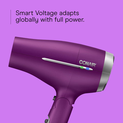 Conair Hair Dryer, Worldwide Travel Hair Dryer with Smart Voltage Technology and Folding Handle, Includes Diffuser and Concentrator, Purple