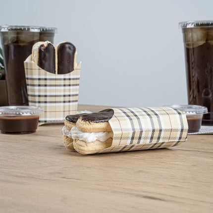 Bio Tek 3.9 x 2.6 x 3.5 Inch French Fry Cup, 100 Disposable Snack Cups - Stackable, Sustainable, Plaid Paper 2 Ounce Fry Holder, for Fries, Onion Rings, Popcorn, or Cookies - Restaurantware