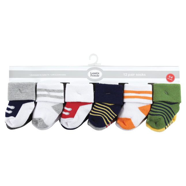 Luvable Friends Baby, Athletic 12-Pack, Unisex Newborn Terry Socks, 0-6 Months, XX-Large (Pack of 12)