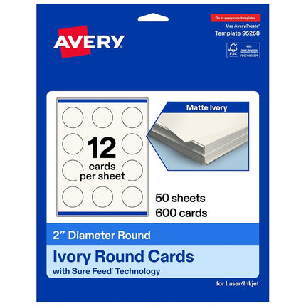 Avery Printable Round Business Cards with Sure Feed Technology, 2" Diameter, Ivory Cardstock, Print-to-the-Edge, Laser/Inkjet Cards, 600 Total