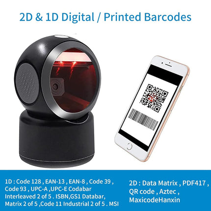 2D QR Hands-Free Barcode Scanner Omnidirectional Automatic Sensing Scanning USB Barcode Reader Adjustable Screen Scanning Platform Scanner for POS PC Supermarket Bookstore