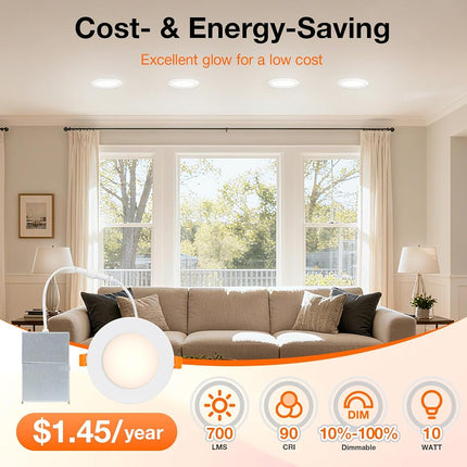 SYLVANIA 4" Slim Microdisk Downlight, 10W, 5 CCT Select (2700K - 5000K), 700 LMS, 90 CRI, Dimmable, Wet-Rated, White - 6 Pack (61189)