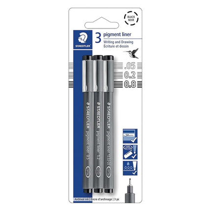 STAEDTLER Pigment Liner Pack, Black, 3 Pens, Assor