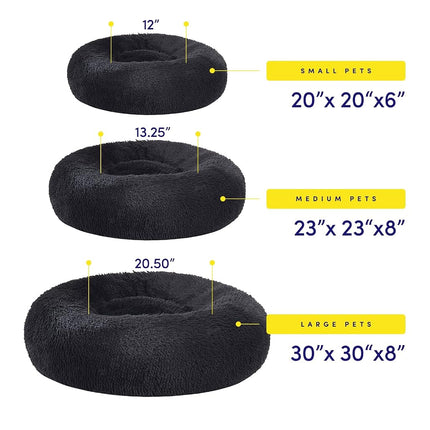 Dog & Cat Bed: Round Faux Fur Pet Bed - Plush, Cozy, & Calming Donut Bed for Small Pets - Soft & Comfortable Sleeping Cushion for Napping & Lounging, 20" Round, Black