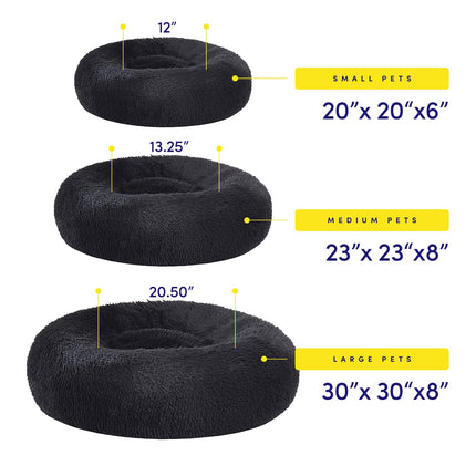 Dog & Cat Bed: Round Faux Fur Pet Bed - Plush, Cozy, & Calming Donut Bed for Small Pets - Soft & Comfortable Sleeping Cushion for Napping & Lounging, 20" Round, Black