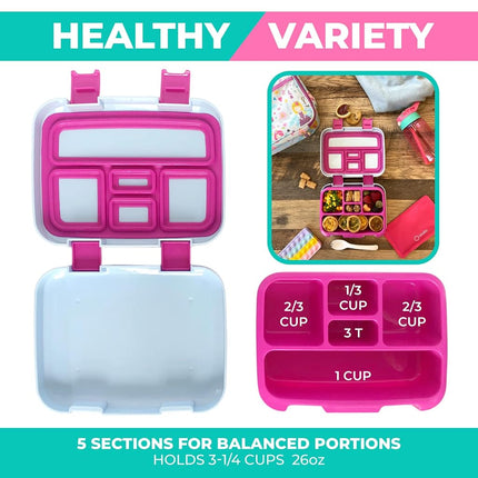 Bento Box, Lunch Bag, Ice Pack Water Bottle Set for Kids - 5 Compartments, Removable Tray, Lunches or Snack Container Girls Toddlers Daycare Pre-School, Kindergarten Pink Fairy Princess