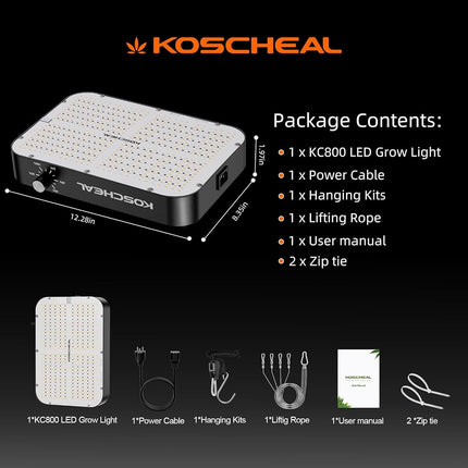 KOSCHEAL KC800 80W LED Grow Light, Full Spectrum, 2.9 µmol/J