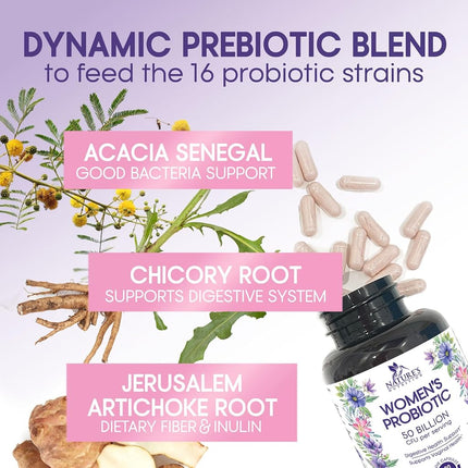 Nature's Nutrition Women’s Probiotics 50 Billion CFU Guaranteed, Vegan Probiotic Strains, Supports Womens Digestive, Immune, Vaginal, & Urinary Health, Delayed Release, No Soy Gluten 60 Capsules