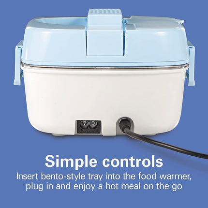 Calentador de alimentos portátil eléctrico Hamilton Beach para el almuerzo en la oficina y el coche con adaptador de 12V, enchufe de 120V, bandeja de acero inoxidable de 3 compartimentos, bolsa de transporte aislada, tenedor y cuchara, azul (33105)