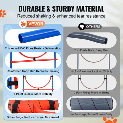 VEVOR Dog Agility Training Equipment, 7 PCS Set Upgrade w/Adjustable High Hurdles,6 Weave Poles,2 Tunnels,Jump Ring,Pause Box, Whistle,Foldable Bowl,Puppy Obstacle Course Kit w/ 3 Bags