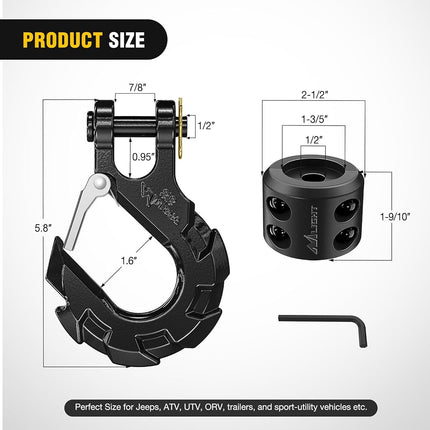 Nilight Forged Steel Winch Hook 3/8" Grade 70 Safety Latch Winch Cable Hook Stopper & Clevis Slip Hook Sets, Included Allen Wrench,Max 35,000 lbs,2 Years Warranty, Black