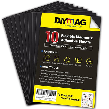 DIYMAG Magnetic Adhesive Sheets, |4" x 6"|, 10 Pac
