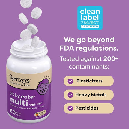 Renzo's Picky Eater Kids Multivitamin - Vegan Multivitamin for Kids with Iron, Vitamin C, and Zero Sugar, Dissolvable and Easy To Take Kids Vitamins, Cherry Flavored Childrens Vitamins [60 Melty Tabs]