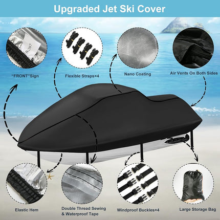 3 Seater Jet Ski Cover, Upgraded Heavy Duty 420D Jetski Covers Waterproof with 2 Air Vent Marine Grade UV Resistant Fits Seadoo,Yamaha, Kawasaki,Waverunner Polaris from 115" to 120"(Black)