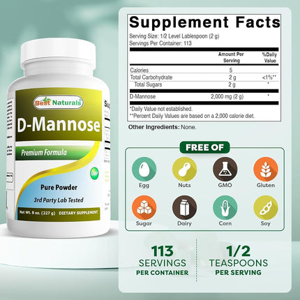 Best Naturals D-Mannose Pure Powder - Urinary Tract Cleanse Supplement - 8 OZ