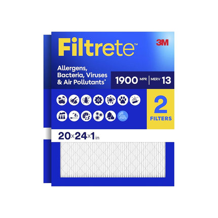Filtrete 20x24x1 AC Furnace Air Filter, MERV 13, MPR 1900, Premium Allergen, Bacteria & Virus Filter, 3-Month Pleated 1-Inch Electrostatic Air Cleaning Filter, 2-Pack (Actual Size 19.81x23.81x0.78 in)