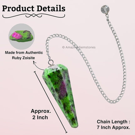Ruby Zoisite Crystal Pendulum for Divination - Dowsing Pendulum with Chain and Crystal Ball for Reiki Healing and Crystal Grid Meditation