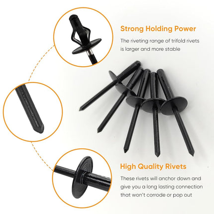 ALLCLEAN 3/16" x 5/8" Tri-Fold Large Head Rivets Assortment - 100Pcs,Black Tri-fold Exploding Pop Rivets Solid Aluminum Tri Grip Rivets Bulb Style Rivets for Kayak Marine Boat