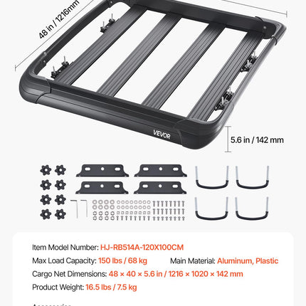 VEVOR Roof Rack Cargo Carrier, 48 x 40 x 5.6 in, Universal Rooftop Cargo Basket, Car Top Luggage Holder with 150 lbs Max Load Capacity, 4.1 in Fence, Anti-Rust Alloy Steel, Wind Fairing, for SUV Car