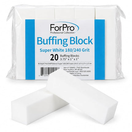 ForPro Professional Collection Buffing Block, Super White, 180/240 Grit, Four-Sided Manicure and Pedicure Nail Buffer, 3.75" L x 1" W x 1" H, 20-Count