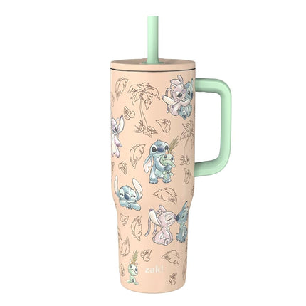 Zak Designs Disney Sutton Travel Tumbler for On The Go, 30oz Stainless Steel with Vacuum Insulation, Silicone Straw, and Carry Handle for Cold Drinks (Stitch, Angel)