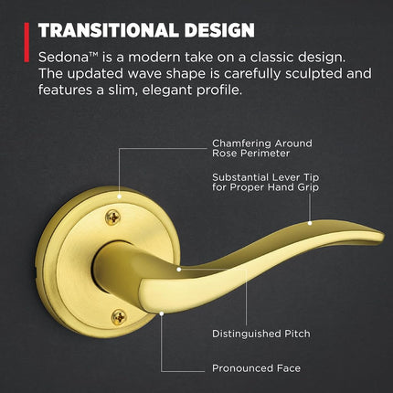Kwikset Sedona Dummy Door Handle, Single Sided Lever for Closets, French Double Doors, and Pantry, Satin Brass Non-Turning Right Handed Interior Push/Pull Lever, with Microban Protection