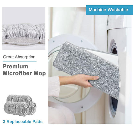 Flat Floor Mop and Bucket, BOSHENG Self Wringing Microfiber Mop and Bucket Set with 3 Washable and Reusable Pads, Home Floor Cleaning System for Wet and Dry Use.