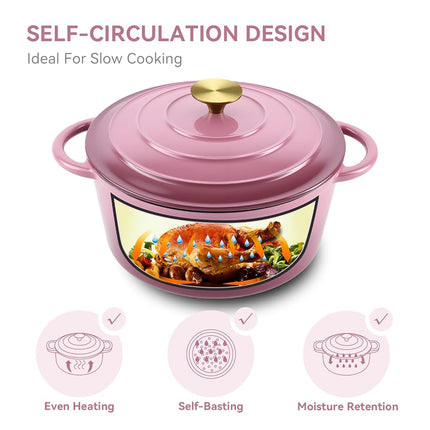 Miereirl 4.5 Quart Enameled Dutch Oven Pot with Lid, Cast Iron Dutch Oven with Dual Handles for Bread Baking, Cooking, Non-stick Enamel Coated Cookware, Rose