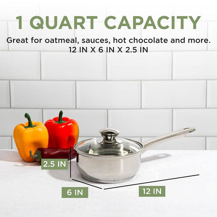 Ecolution Pure Intentions Saucepan – Features Tempered Glass Lid, Stay-Cool Knob and Handle, and Encapsulated Bottom – Oven Safe – Curbside Recyclable Stainless Steel – 1 Quart