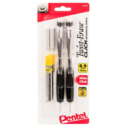 Pentel Twist Erase CLICK Automatic Pencil with 2 Eraser Refills and Lead, 0.9 mm, Assorted Barrels, Color May Vary, 2 Pack (PD279TLEBP2)