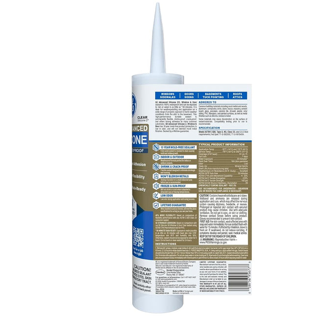 GE Advanced Silicone Caulk for Window & Door - 100% Waterproof Silicone Sealant, 5X Stronger Adhesion, Shrink & Crack Resistant - 10oz Cartridge, Clear, Pack of 1