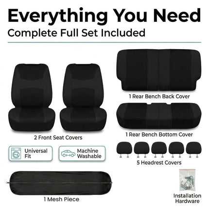 FH Group Light & Breezy Flat Cloth Cars Seat Covers Combo Steering Wheel Cover & Seat Belt Pads, Airbag and Split Rear Universal Fit Interior Accessories Cars Trucks SUV 7 Seater Three Row Set Black