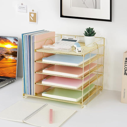 LEKETREE Desk Organizers with File Holder, 5-Tier Paper Organizer Letter Tray with Sliding Drawer and Extra Pen Holder, Mesh Desktop File Organizer for School Office Supplies (Gold)